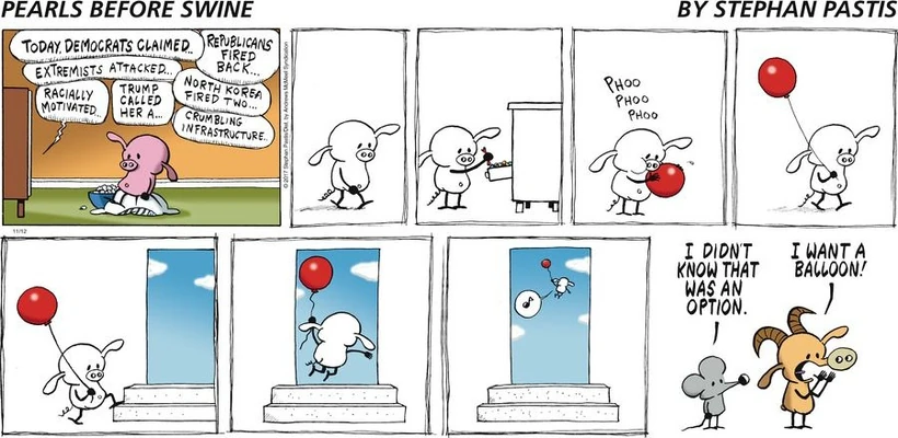 cartoon with a pig inflating a balloon and flying away