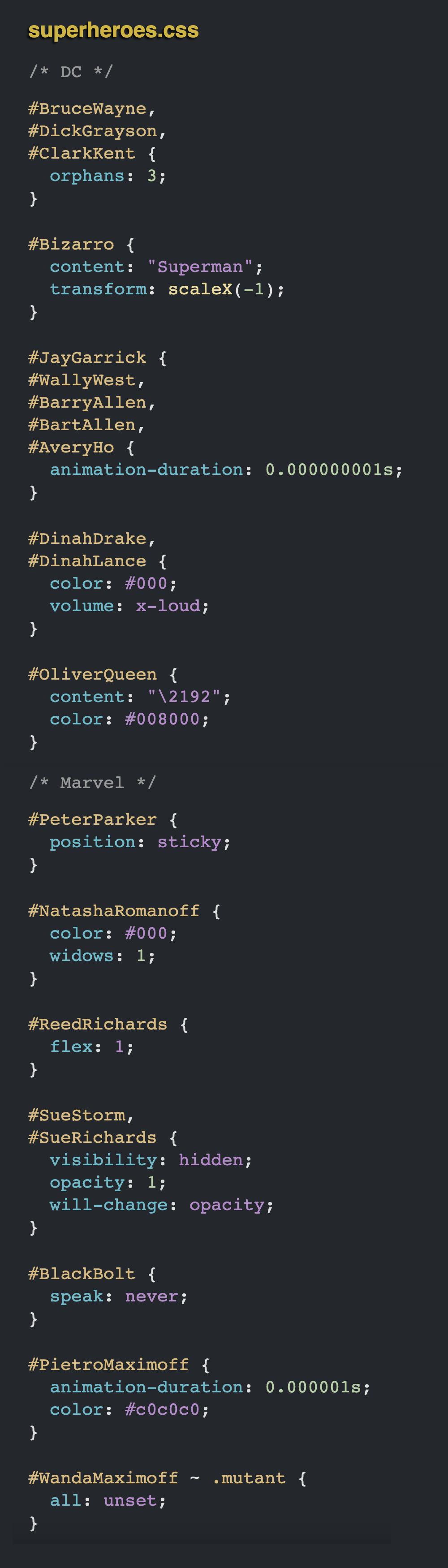 Comic strip showing CSS code that describes different superheroes based on CSS properties