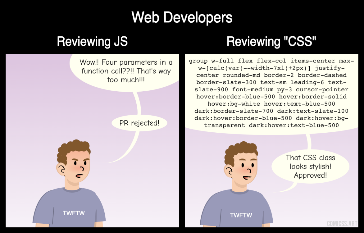 Cartoon with two panels title Web developers reviewing JS and 'CSS' (CSS is quoted). The first panel shows an angry-looking person saying 'Wow!! Four parameters in a function call??!! That's way too many!!! PR rejected!'. The second panel shows the same person reading a really long list of Tailwind class names and saying 'That CSS class looks stylish! Approved!'