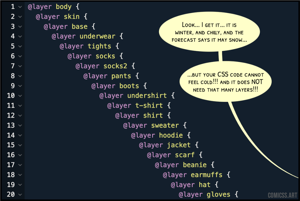 Cartoon showing CSS code with many nested at-layers. Off-panel someone complains that it may be cold but the code doesn't need so many layers