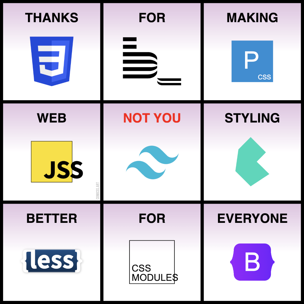 Grid with nine panels with CSS and styling technology logos. Each logo has a word that forms the sentence 'Thank you for making web styling better for everyone' except the TailwindCSS logo (in the center) with the sentence 'not you'