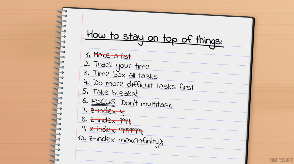 cartoon with a list titled 'How to stay on top of things': 1. make a list (striked through); 2. track your time; 3. time box your tasks; 4. more difficult tasks first; 5. take breaks; 6. focus, don't multitask; 7. z-index: 4 (striked through); 8. z-index: 9999 (striked through); 9. z-index: 99999999 (striked through); 10. z-index: max(infinity)