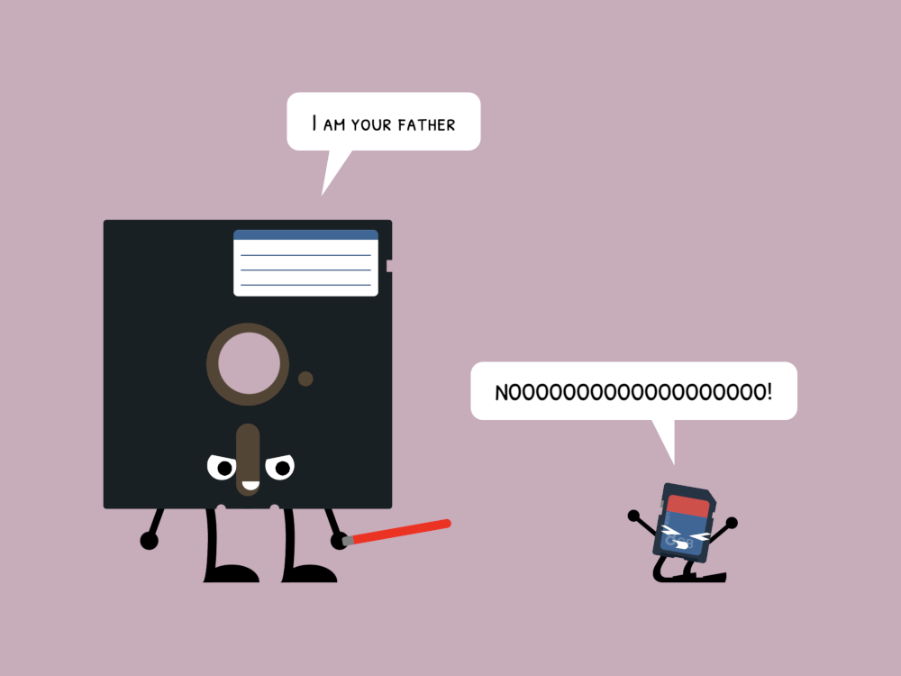 Cartoon of a floppy disk telling a SD Card 'I am your father'. The SD card, on its knees, yells painfully 'NOOOOOOOOO!'