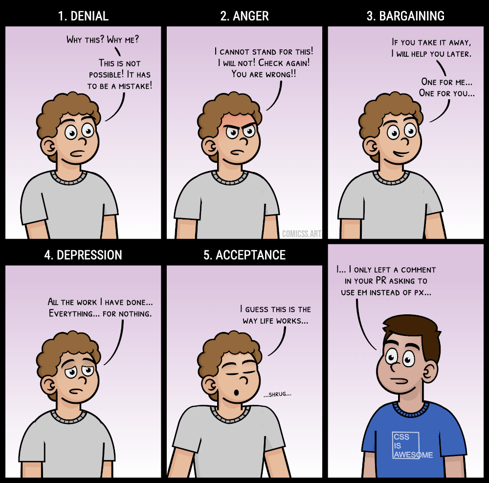 Comic with six panels with a character going through the stages of grief: 1. denial, the person says 'Why this? Why me? This is not possible! It has to be a mistake!' 2. Anger, the person angrily says 'I cannot stand for this! I will not! Check again! you are wrong!' 3. bargaining, the person smiles 'if you take it away, I will help you later. One for me, one for you...' 4. Depression, the person sadly says 'All the work I have done... Everything... for nothing...' 5. Acceptance, the person shrugs 'I guess this is the way life works...' In the sixth panel, a different person looks confused and says 'I... I only left a comment in your PR asking to use EM instead of PX...'
