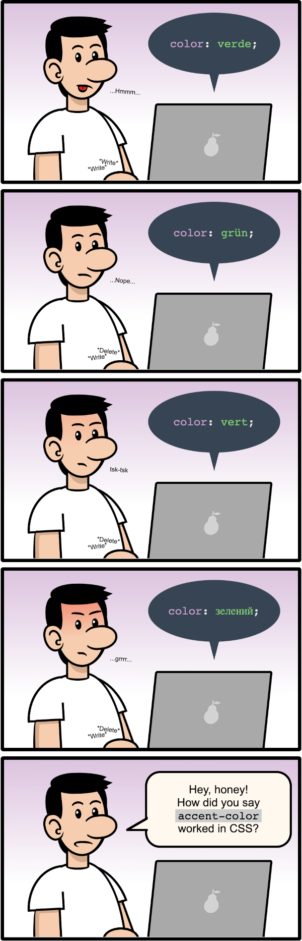 Comic strip with 5 panels showing a white man getting angrier and angrier while updating the color value on CSS to green in Spanish, German, French, and Ukranian. In the final panel he asks 'Hey, honey! How did you say accent-color worked in CSS?'