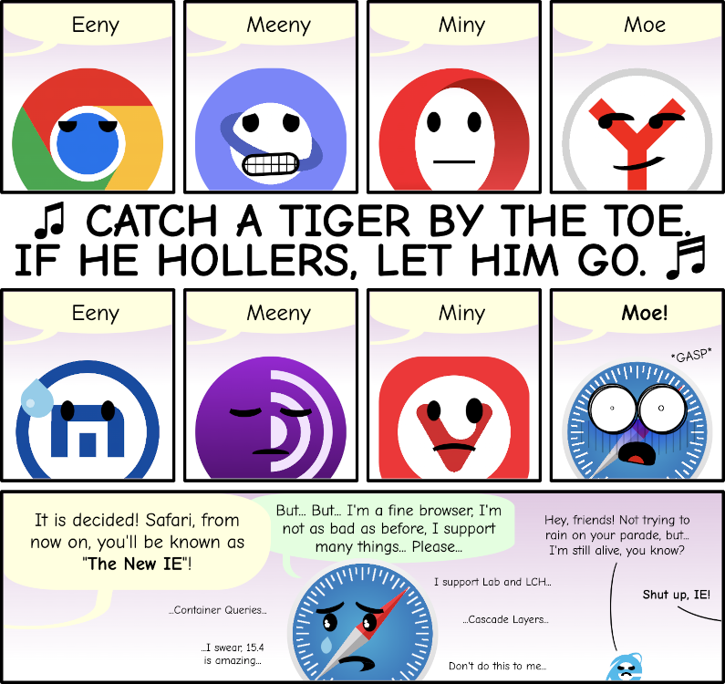 Cartoon with the lyrics of the song 'Eeny, meeny, miny, moe. Catch a tiger by the toe. If he hollers, let him go. Eeny, meeny, miny, moe!' printed over different browser logos (with scared faces): Chrome, Samsung Internet, Opera, Yandex, Maxthon, Tor, Vivaldi, and Safari (where there the song ends). In the last panel, a bubble has the text 'It is decided! Safari, from now on, youll be known as The New IE' And a crying Safari logo replies 'But... but... I am a fine browser. I am not as bad as before, I support many things... please... I support Lab and LCH... container queries... cascade layers... I swear, 15.4 is amazing... Dont do this to me...' And in a corner of the panel the IE logo says from a distance 'Hey, friends, Not trying to rain on your parade, but... I am still alive, you know?' and a voice in off says 'shut up, IE!'