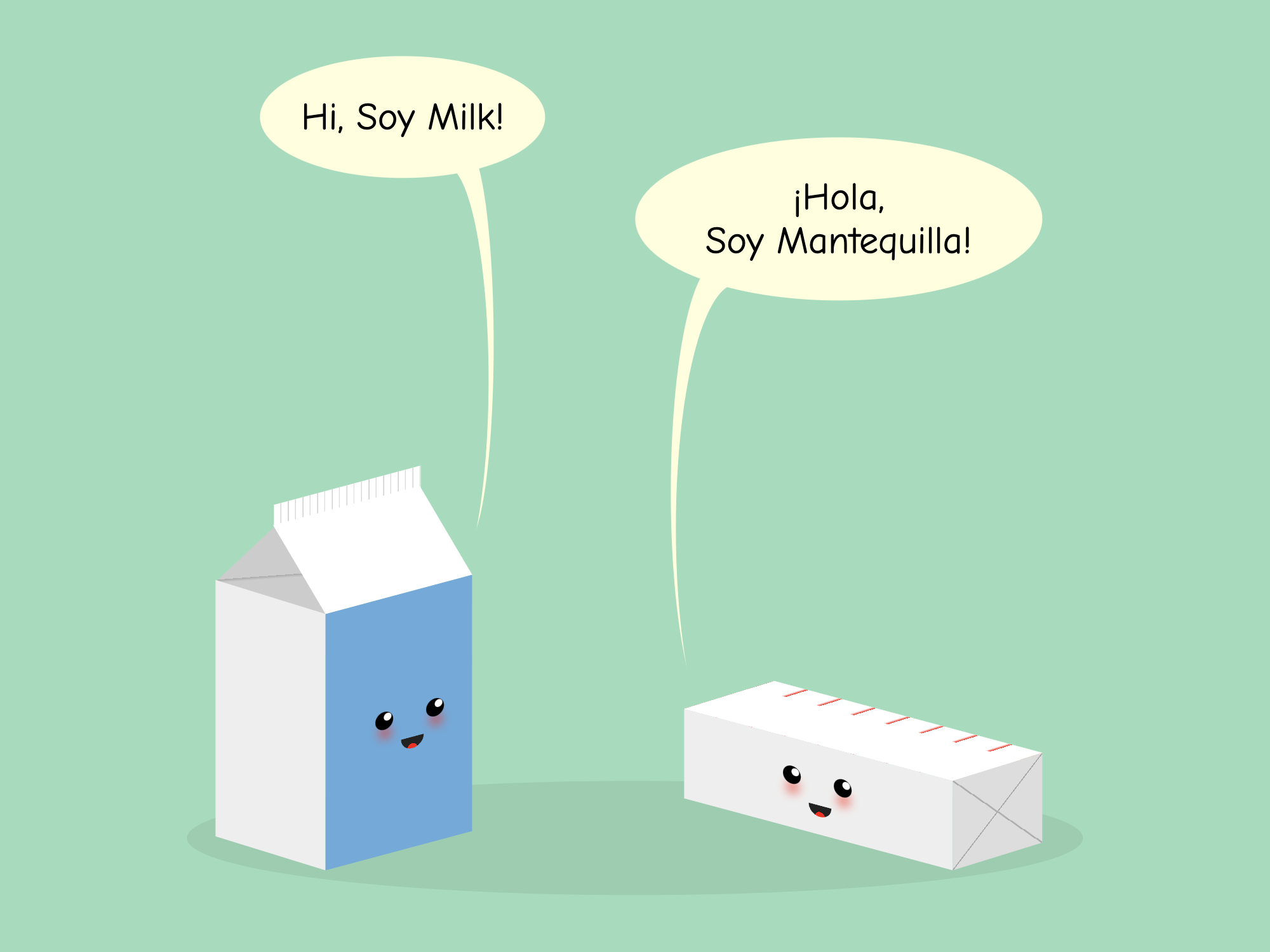 Cartoon showing a cute milk carton and a stick of butter. The milk says 'Hi, Soy Milk' and the butter replies 'Hola, soy Mantequilla'