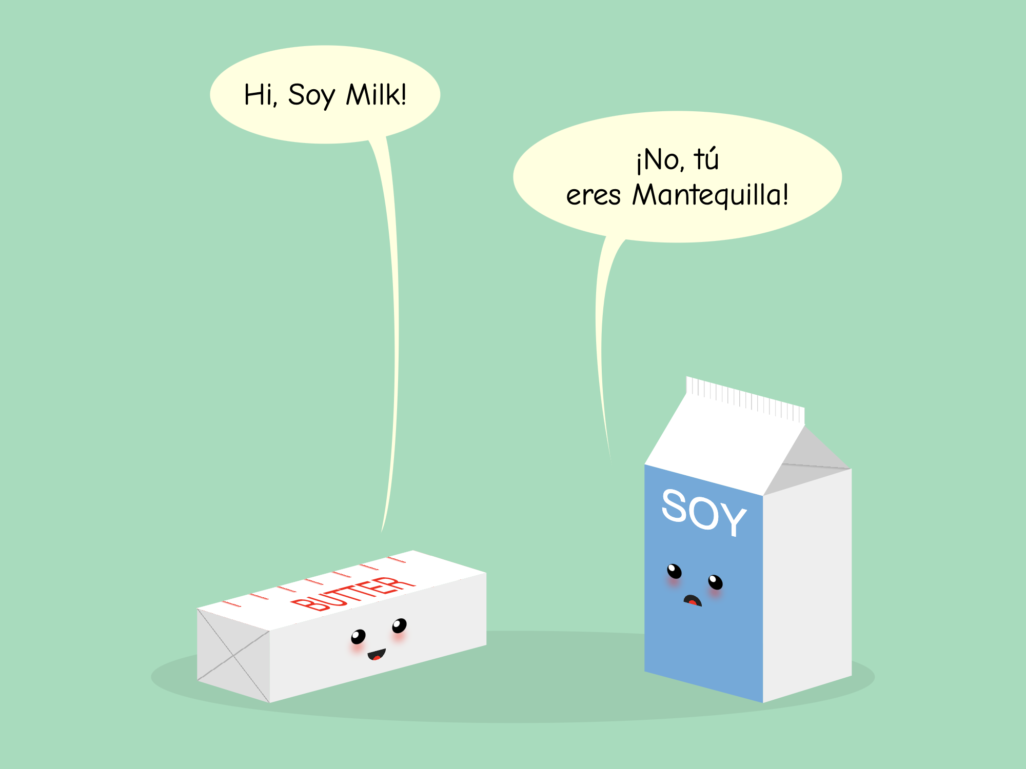 Cartoon showing a cute soy milk carton and a stick of butter. The butter says 'Hi, Soy Milk' and the butter replies 'No, tu eres Mantequilla'