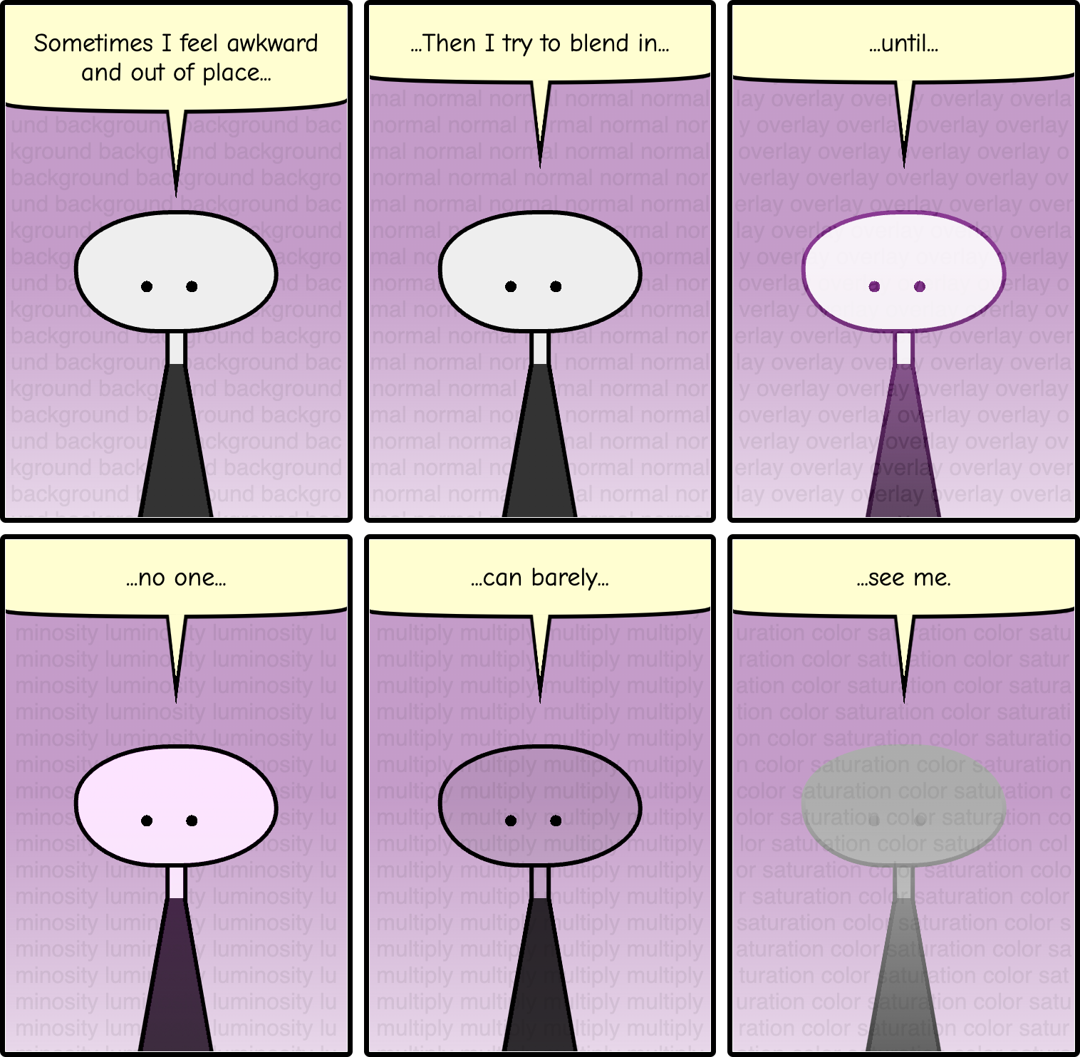 Cartoon with 6 panels showing a minimalistic character that says 'Sometimes I feel awkward and out of place... then I try to blend in... until... no on... can barely... see me.'. Different mix-blend-modes have been applied to the character so in each panel it looks more transparent or with grayer/paler colors.