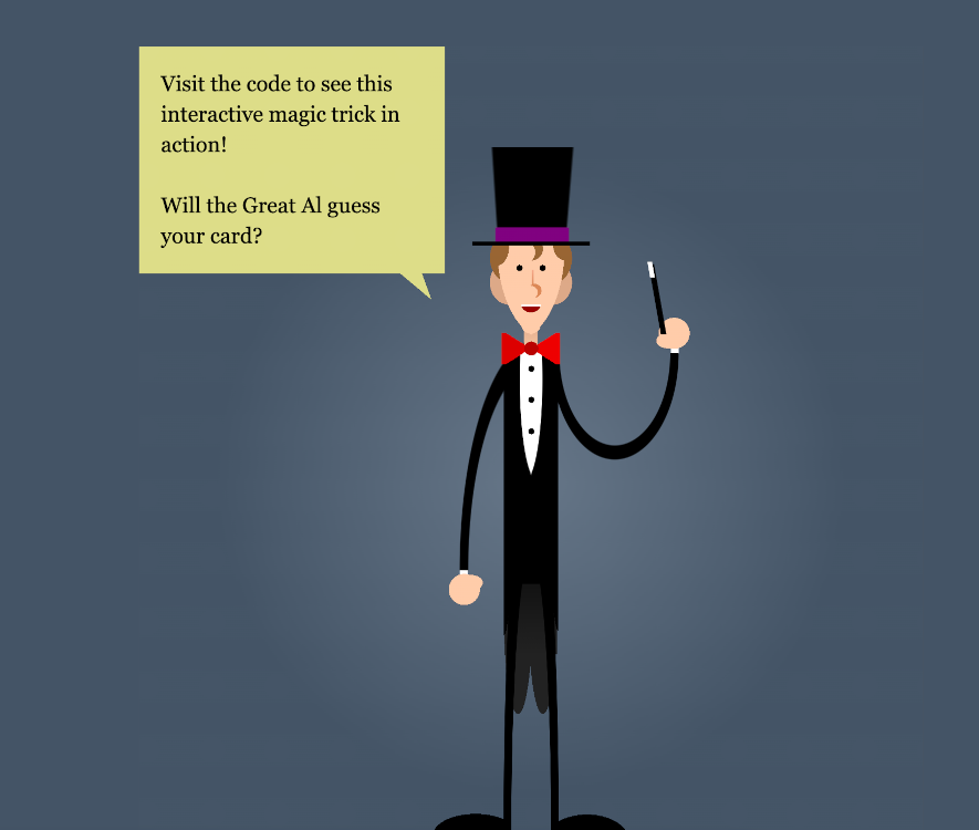Cartoon of a magician saying 'go to the code to see the magic trick in action
