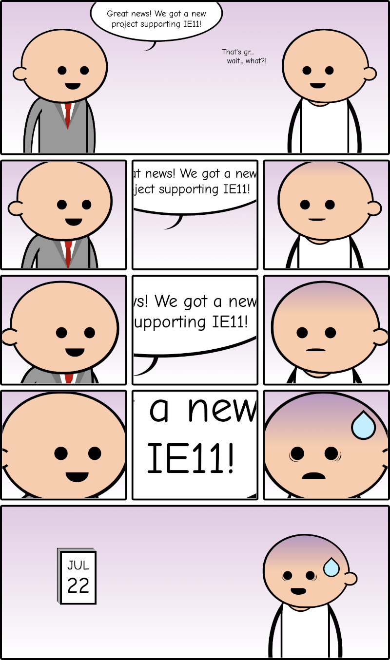 Comic strip showing two characters talking. One says 'great news! we got a new project supporting IE11!'. the other character replies 'that is gr... wait... what?!' and its face goes more and more concerned.