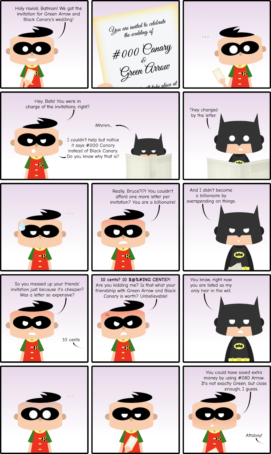 Cartoon with multiple panels showing Robin and Batman fighting over Batman being a penny pincher and writing #000 Canary instead of Black Canary in some wedding invitations in order to save money.