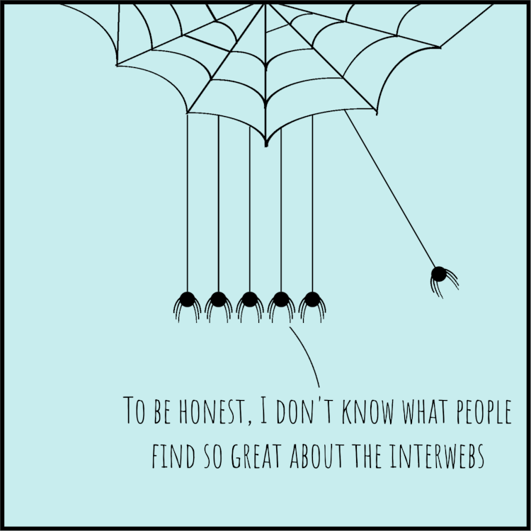 Cartoon with a group of spiders hanging from a spider web. The ones at the extremes move like in a Newton's cradle, and one in the middle says 'To be honest, I dont know what people find so great about the interwebs.'