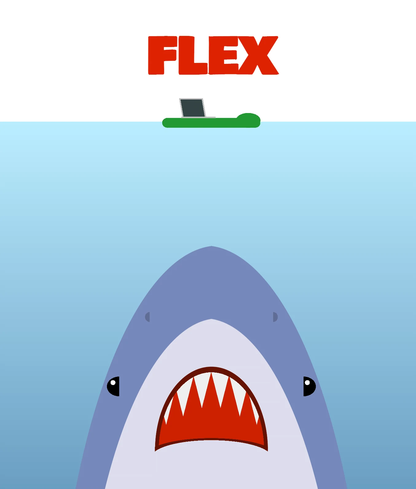 Cartoon parodying the Jaws poster, with a shark threatening a swimmer (in this case a laptop on a floatie) with the text FLEX