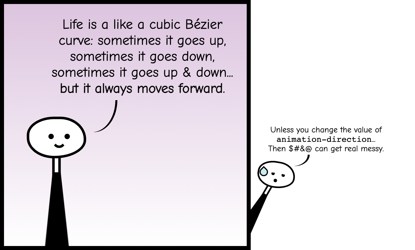A cartoonish character says 'Life is a like a cubic Bézier curve: sometimes it goes up, sometimes it goes down, sometimes it goes up & down... but it always moves forward.'. A smaller version of it pops up outside the panel saying 'Unless you change the value of animation-direction... then things can get real messy.'