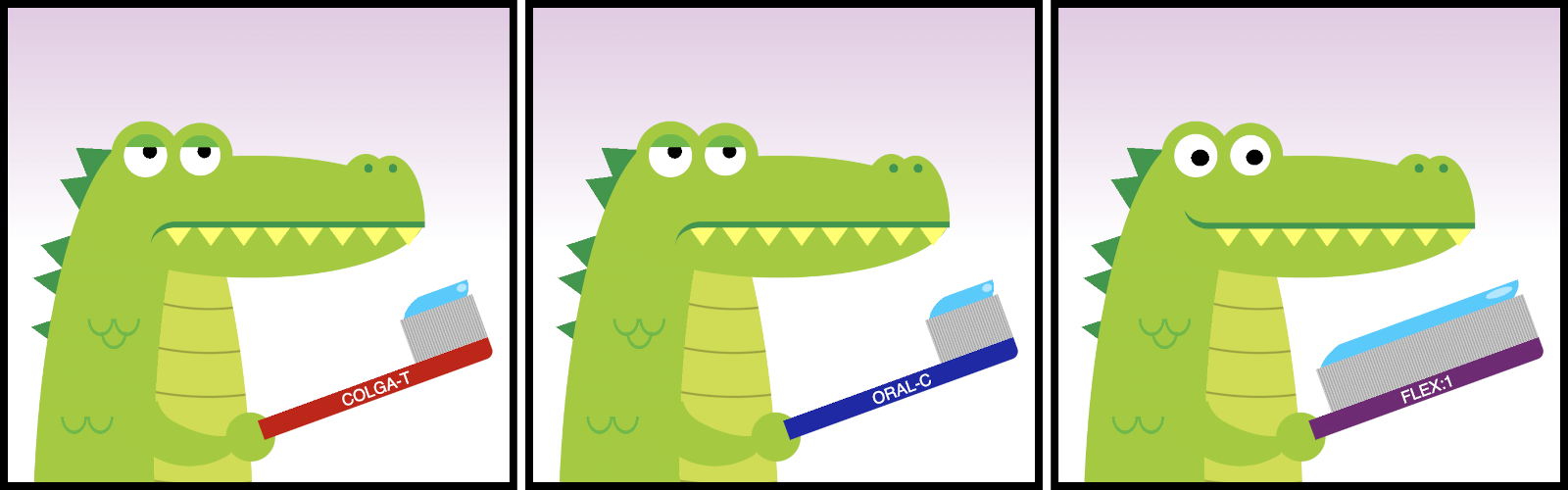 comic with three panels. In the first two an alligator looks sad while holding a tootbrush with a regular-size brush branded Colga-T (panel 1) and Oral-C (panel 2). In the third panel, the alligator is happy, holding a toothbrush with an oversized brush. The toothbrush brand is flex:1.