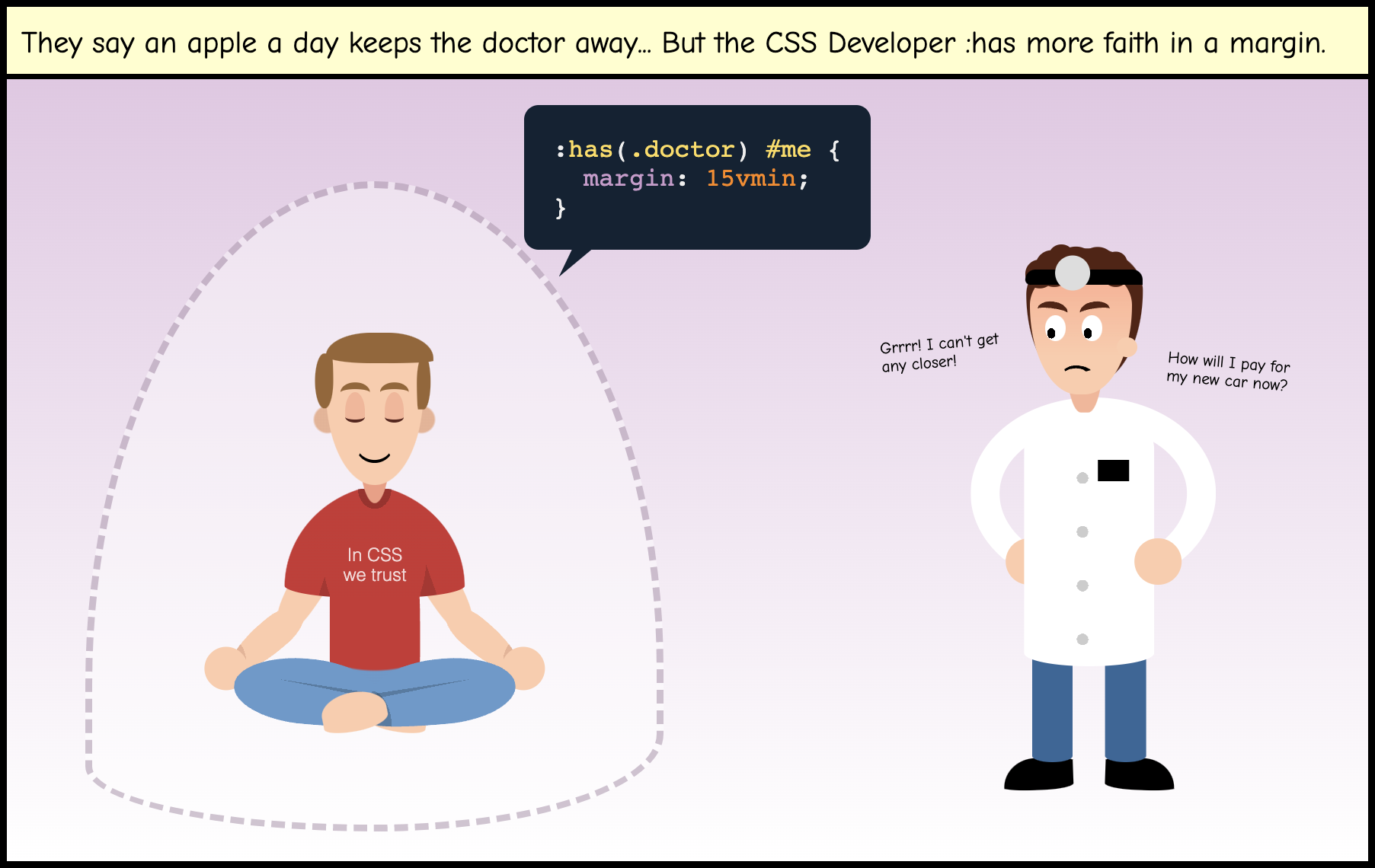 Cartoon with one panel with the headline 'They say an apple a day keeps the doctor away... But the CSS Developer has more faith in a margin.' It has a man in the position of the lotus smiles as a doctor tries to reach out to him unsuccessfully. A bubble has the code :has(.doctor) #me { margin: 15vmin; }.