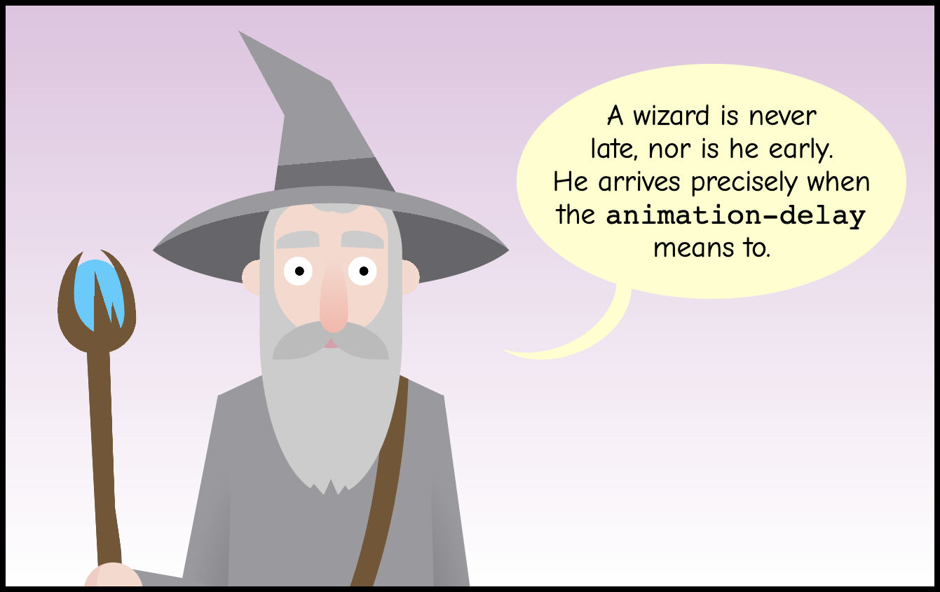 Cartoon showing a bearded wizard wearing a gray cloak and hat (Gandalf from the Lord of the Rings) saying: 'A wizard is never late, nor is he early. He arrives precisely when the animation-delay means to.'