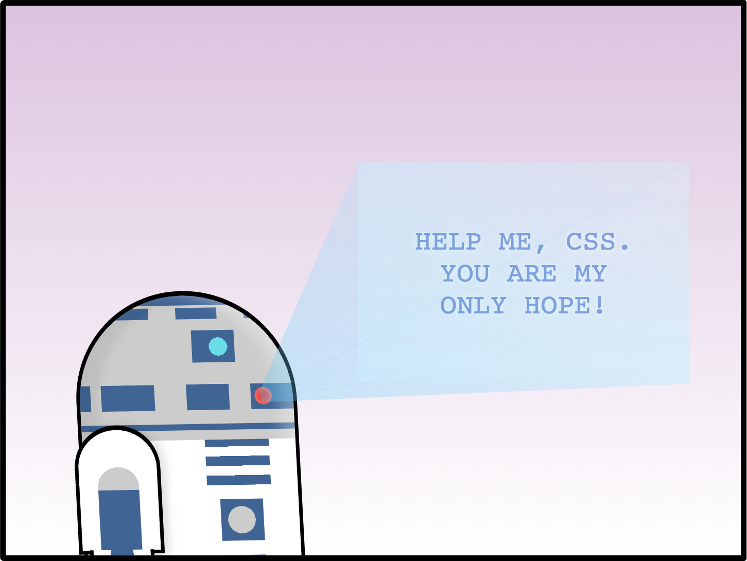 Cartoon showing R2D2, a robot from the movie Star Wars, projecting a hologram that reads: 'Help me, CSS. You are my only hope!'