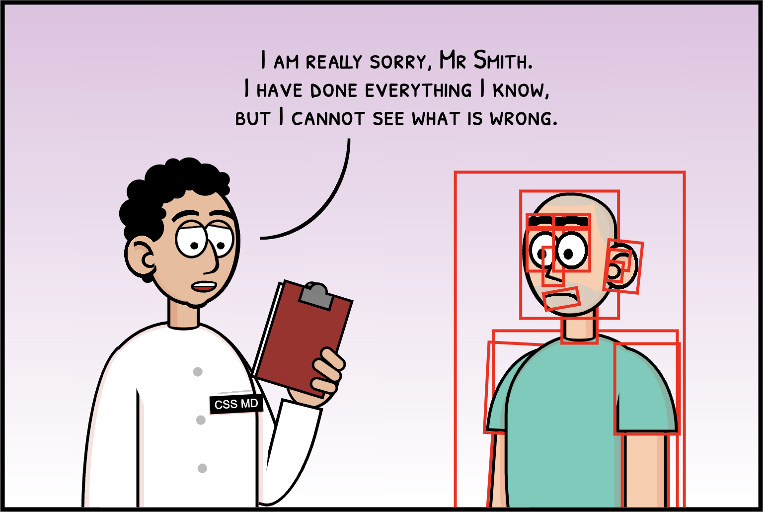 Cartoon showing a patient with red boxes surrounding eyes, ears, face, and other body parts; and a concerned doctor that says 'I am really sorry, Mr Smith. I have done everything I know, but I cannot see what is wrong.'