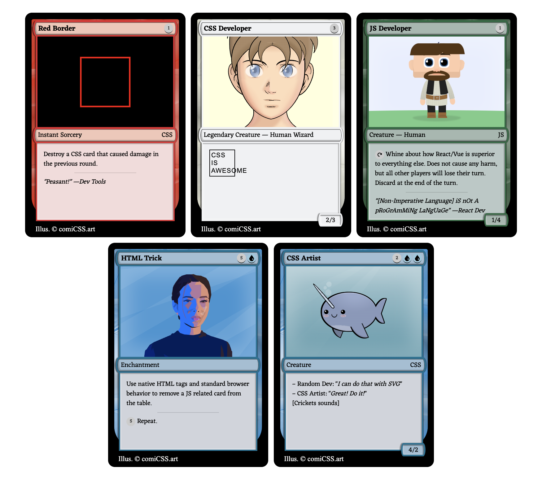 Set of 5 Magic The Gathering cards with web development and CSS theme