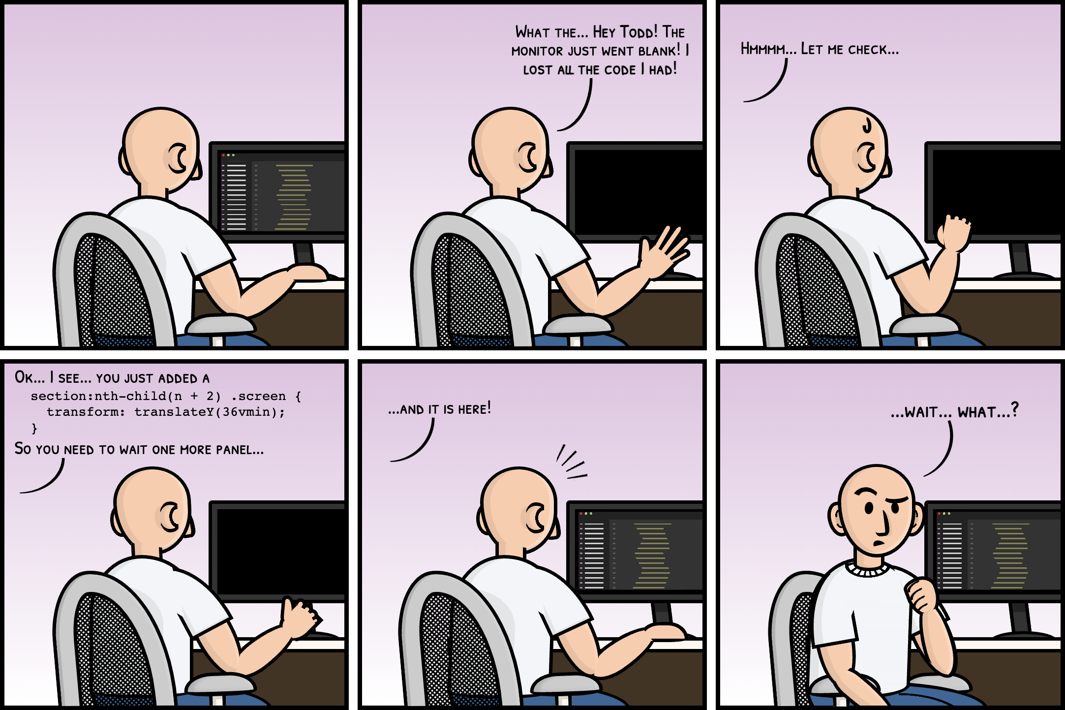 Comic with 6 panels showing a man sitting in front of a computer. The screen goes off and the person asks for help. Another person off-panel says the problem is a translateY and to wait one more panel. In the next panel (below to the one where the screen disappeared), the code appears to the confusion of the person.